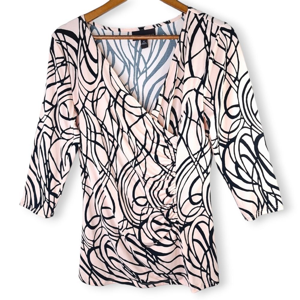 Dana Buchman Pink Black Art Deco Swirl Long Sleeve Ruched V-Neck Blouse Top Sz M